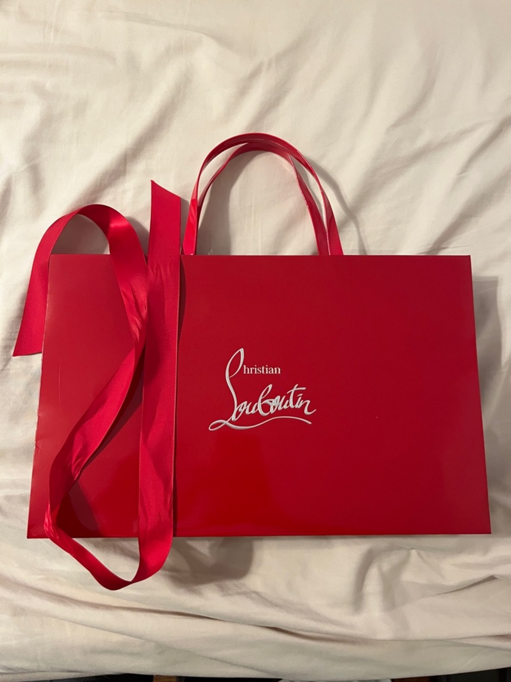 Christian Louboutin Glossy Red Tote Shopping Bag with Ribbon